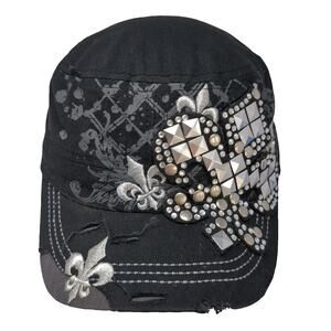Leader LOGA Army Cap Black One Size Slideback Fleur De Lis Rhinestone Studs Hat